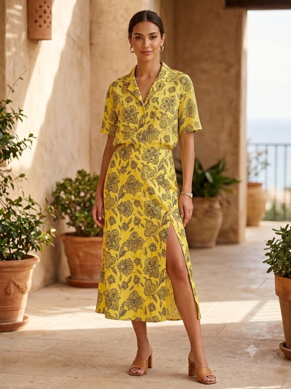 Sanders Collective Yellow Floral Matching Set Size 2 Blouse & Front Slit Skirt